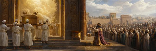 Priests carrying the ark into the cloud-filled temple as Solomon kneels before Israel
